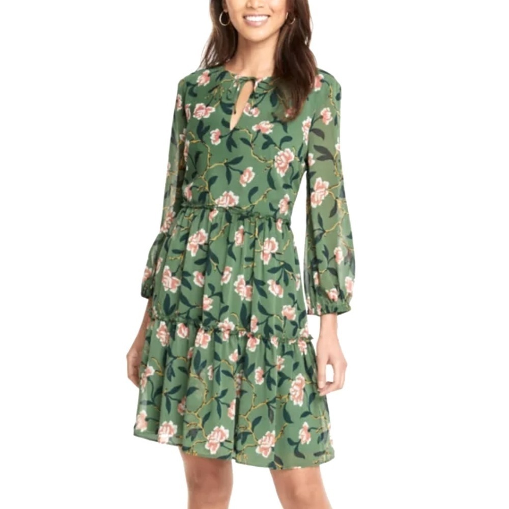 Ann Taylor Green Floral Long Sleeve Dress